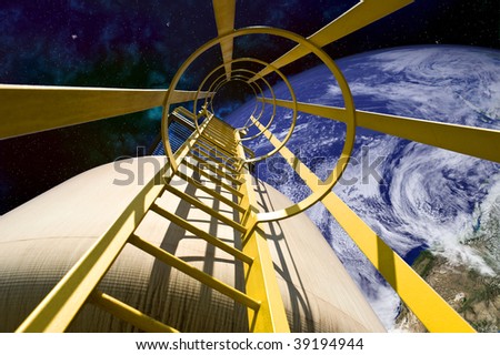 Close-up of ladder mechanism on ship in outer space. A cropped view of Earth is viewable in the background. Horizontally framed shot.