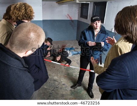Bystanders looking at a crime scene with a murdered woman, whilst a