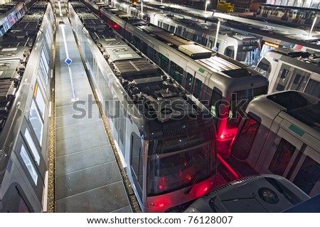 Shunting yard and train depot for subways at night