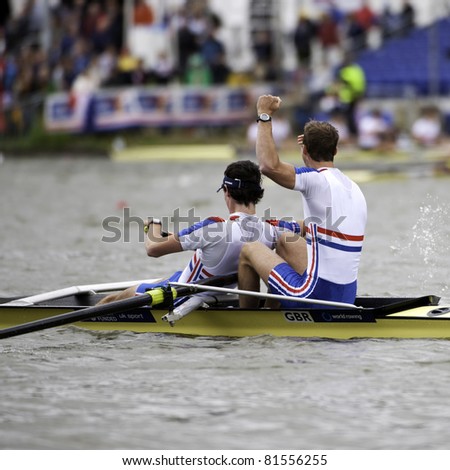 AMSTERDAM-JULY 23: Chambers, Emery (GBR BLM2-) win gold in a world record time of 6:26.90 at the world championships rowing under 23. On July 22, 2011 in Bosbaan, Amsterdam, The Netherlands