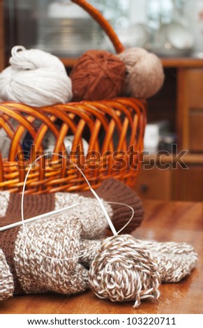 hand-knit sweater and a basket of yarn in a retro interior