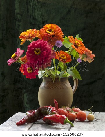 zinnia bouquet and vegetables still life