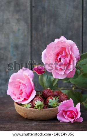 pink roses and strawberries still life