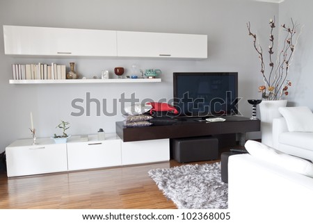 Interior decoration of a apartment, flat tv white furniture