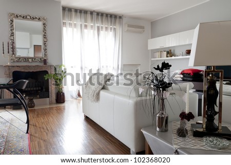 Interior decoration of a living room, couch and mirror