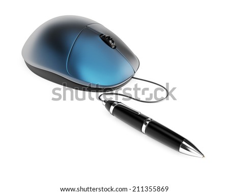 Computer mouse with pen isolated on white background. Digital signature concept