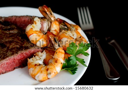 Grilled Rib Steak and Pan Seared Shrimps