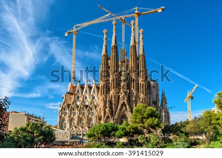 Barcelona, Spain - September 24, 2015: Cathedral of La Sagrada Familia. It is designed by architect Antonio Gaudi and is being build since 1882.