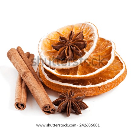 spices isolated on white background, star anise, cinnamon and dried orange