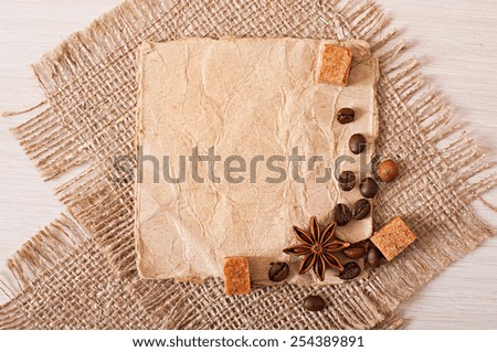 sheet of old paper and old cloth fabric, paper menus and spices