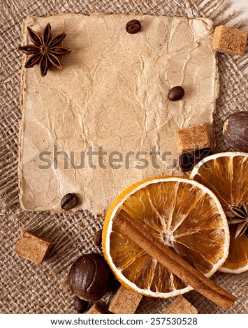 old paper and old cloth fabric, paper menu and spices