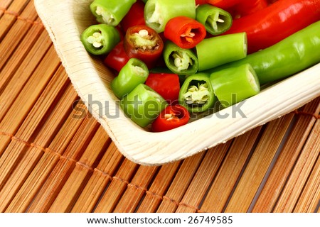 bowl of Sliced green and red chillies
