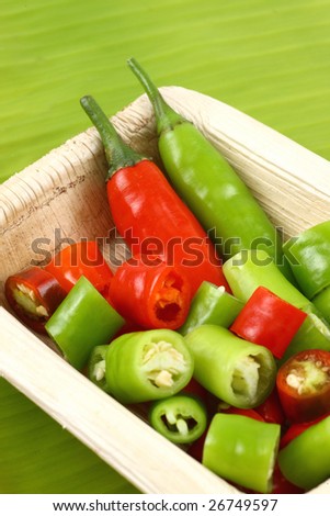 Bowl of green and red chillies on banana leaf background