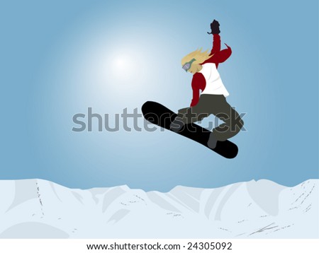 Vector illustration of snowboarding young men in sunny winter day