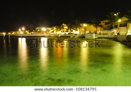 Night shot of the cozumel coast at Mexico. Beautiful caribbean and travel shot for holidays