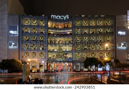 SAN FRANCISCO, CA - NOVEMBER 30: Macy\'s store illuminated with lights and Christmas tree at Union Square, San Francisco on November 30, 2014 in San Francisco, California.