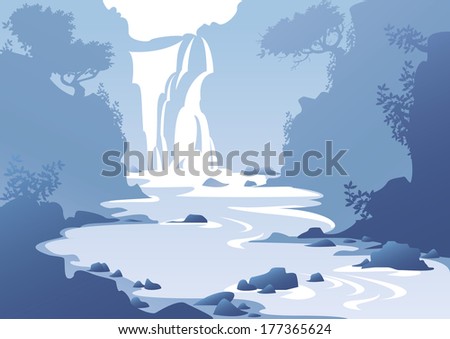 blue mountain landscape with a waterfall