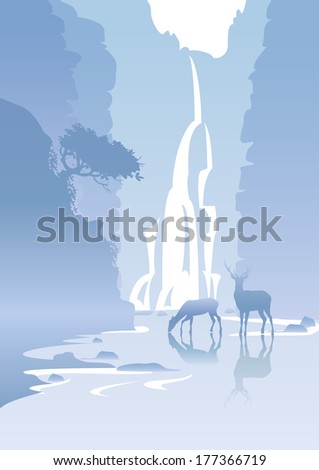 blue mountain landscape with a waterfall and deer