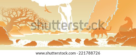 yellow mountain landscape with a waterfall and panthers
