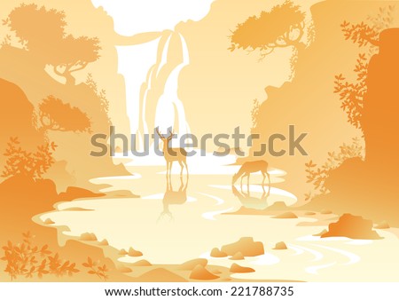 yellow mountain landscape with a waterfall and deer