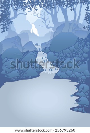 Mountain landscape with high cliffs, trees and waterfall. Small lake in the valley of the canyon