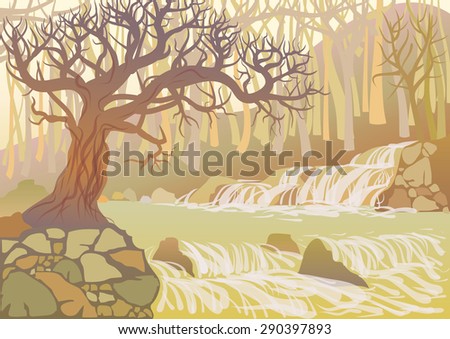 Landscape with mountain river and thick tree. View of the canyon with waterfall and stones