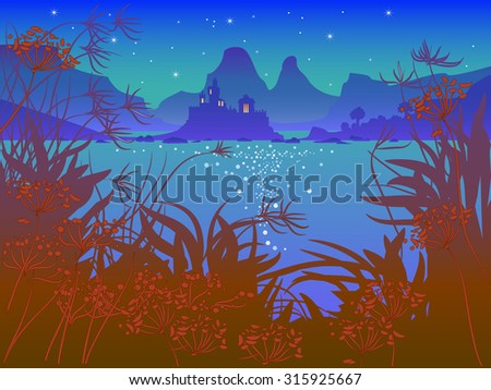 Night landscape with fairy-tale castle at the lake.