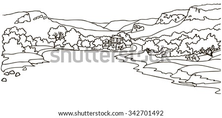 View of the valley with a wide road and the manor. Line graphics. Sketch, hand drawn with ink. \
Linear image. Mountain landscape with road, high mountains, a small house away and the forest.