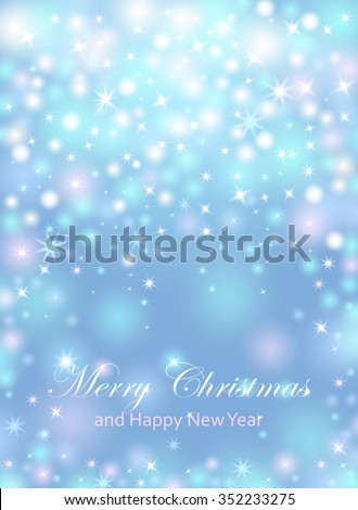 Merry Christmas and Happy New Year celebrations flyer, banner, poster or invitation with shiny text. Merry Christmas message with lights, shining stars, sparkling inscription on dark blue