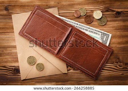 Leather wallet on a wooden background