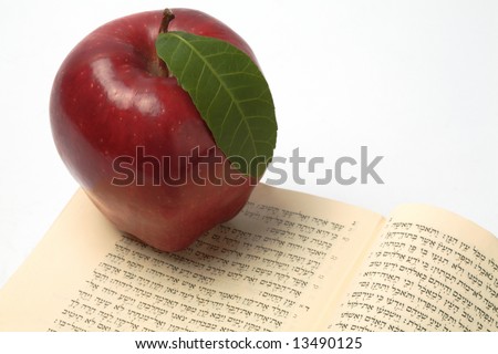 Red apple on top of a bible, opened on Adam & eve story