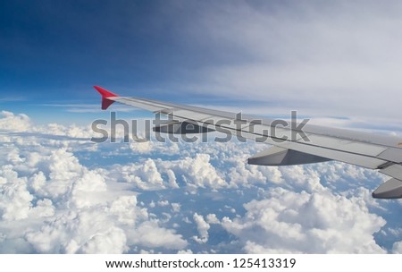 airplane wing in flight and beautiful sky