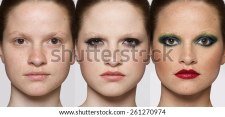 Faces of the same woman with fashion makeup. Makeover concept.