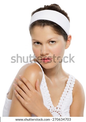 Young Caucasian woman wearing hairband for beauty care concepts.