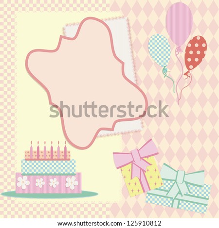 Birthday frame with cake, balloons and present