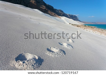 Human footprints on the white sand, the island of Socotra, Yemen