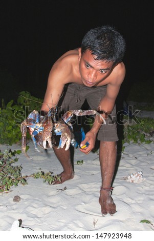 ISLAND OF NEW GUINEA, NATIONAL PARK SENDERVASIH, JANUARY 11: Catcher shows crabs caught coconut crab, the National Park Serdenvasih, New Guinea, Indonesia, January 11, 2009