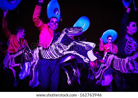 AGUASCALIENTES, MEXICO, NOV 02: Figures of skeletons on a carnival of the Day of the Dead, Aguacalientes, Mexico, 02 November 2013. The Day of the Dead is one of the most popular holidays in Mexico