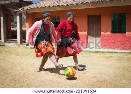 HUILLOC, SACRED VALLEY, PERU - SEPTEMBER 10: Unidentified people in traditional clothes in village Huilloc, Peru, 09 Septiember 2014. Sacred Valley is most important regions of the Inca civilization.