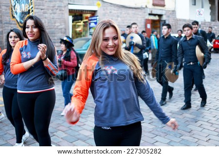 CUZCO, PERU - SEPTEMBER 7: The unknown Peruvian people participating in a religious holiday in Cuzco, Peru, 7 Septiembre 2014. Every year in Cuzco passes many religious holidays and carnivals