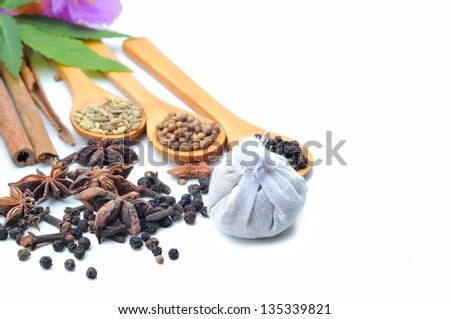 Variety of Spices and herbs,Food and cuisine ingredients on white. Shallow DOF