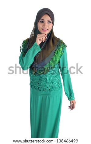 Young Muslim woman in head scarf with modern clothes, isolated on white
