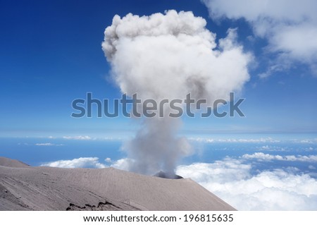 Large ash cloud rising from Semeru crater (Kawah Semeru) at Semeru Volcano Mountain, East Java, Indonesia. Semeru Mountain also known as Mahameru Mountain in Indonesia means the great mountain.
