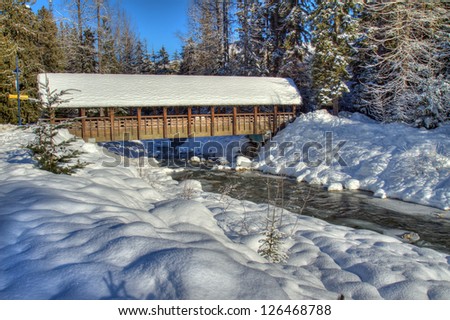 Snow covered foot bridge in Whistler village, British Columbia, Canada