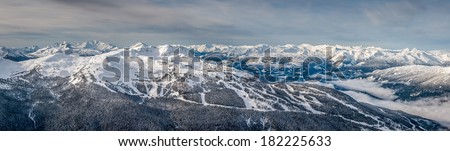 Panoramic view of Whistler Mountain in winter after a snow storm, from Blackcomb Mountain