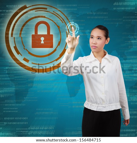 Business woman touching virtual screen of security. Concept of security business Information systems and networks.