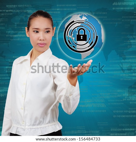 Business woman touching virtual screen of security. Concept of security business Information systems and networks.