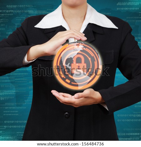 Businessman holding virtual global screen of security. Concept of security business Information systems and networks.