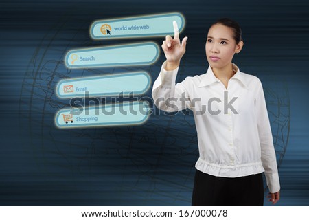 woman hand push on technology virtual touch screen interface