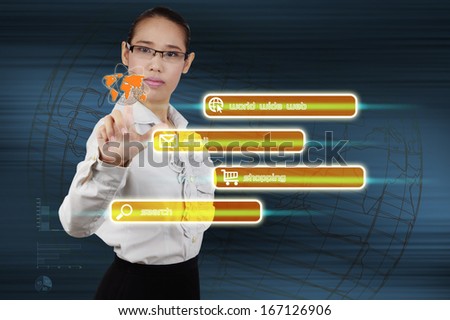 woman hand push on technology virtual touch screen interface.